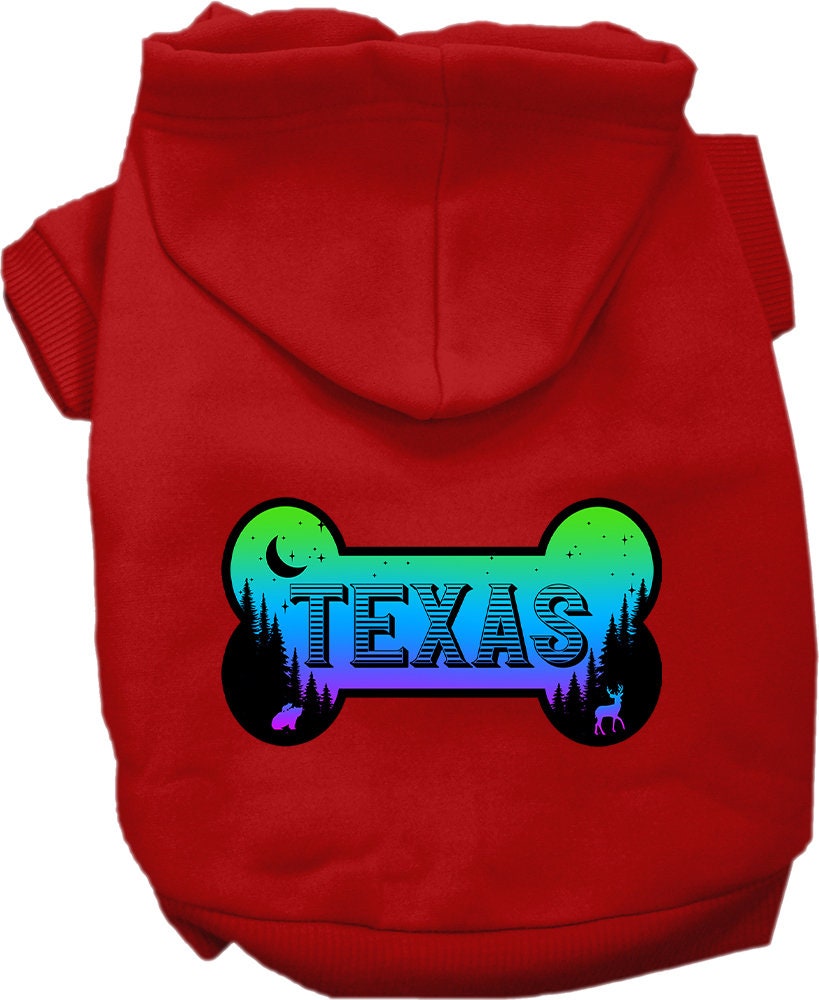 A cozy screen printed hoodie for small to medium pets, featuring a stylish design and a convenient leash access hole.