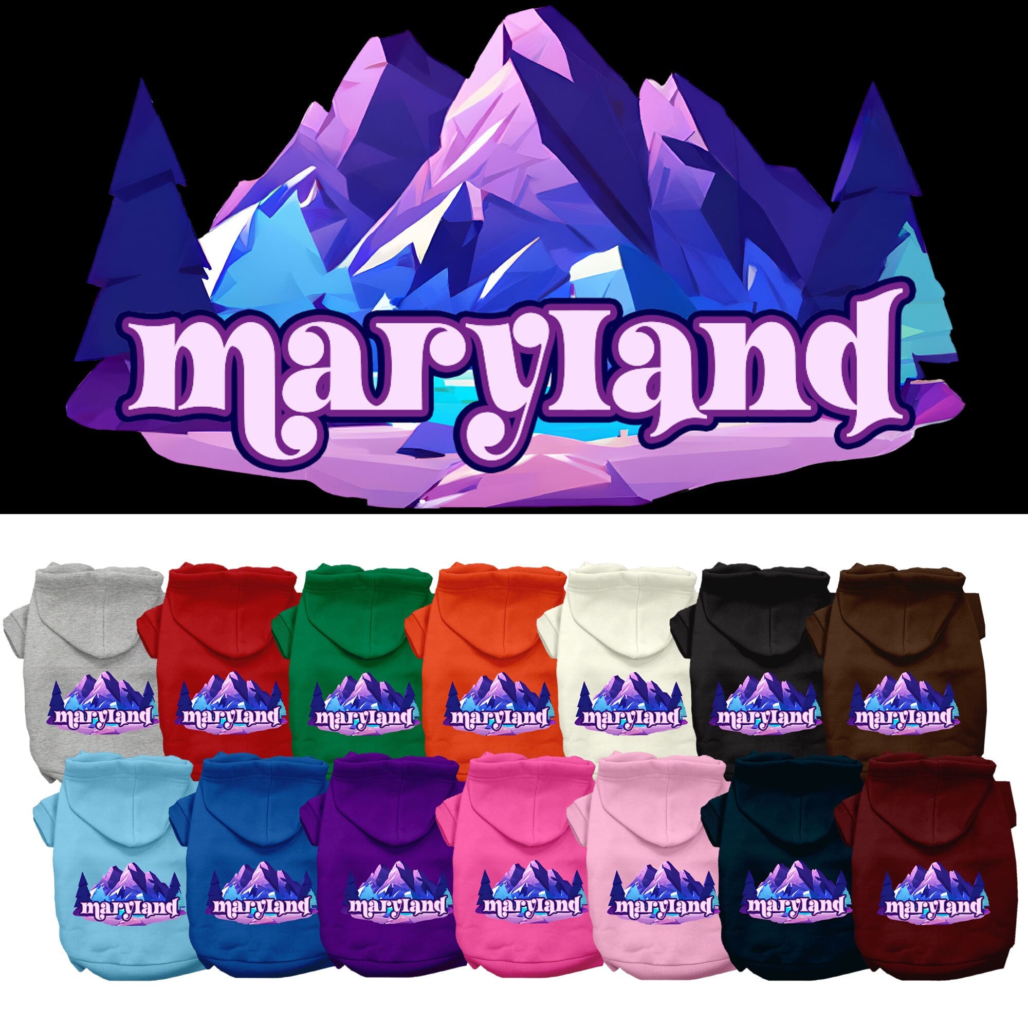 A cozy screen printed hoodie for small to medium pets featuring the Maryland Alpine Pawscape design, showcasing its soft fabric and durable stitching.