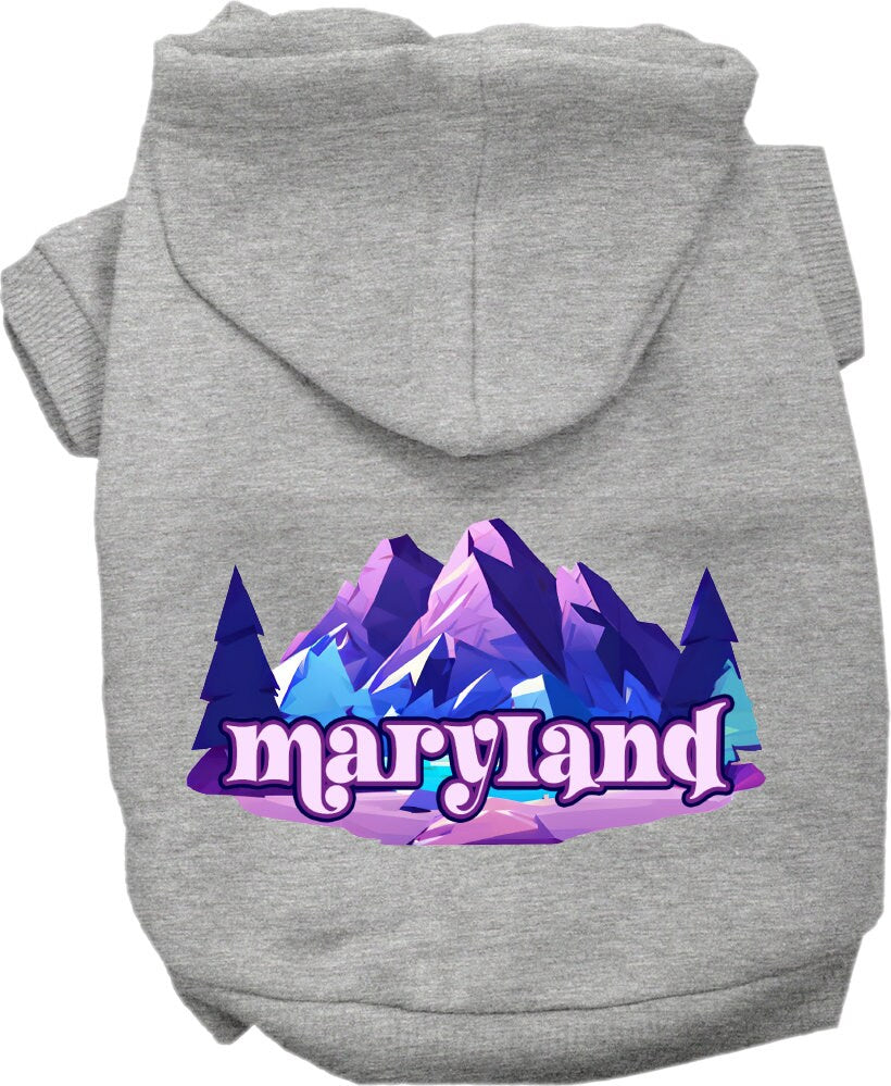 A cozy screen printed hoodie for small to medium pets featuring the Maryland Alpine Pawscape design, showcasing its soft fabric and durable stitching.