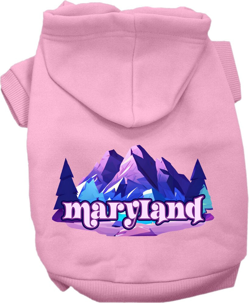 A cozy screen printed hoodie for small to medium pets featuring the Maryland Alpine Pawscape design, showcasing its soft fabric and durable stitching.