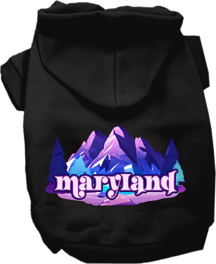 A cozy screen printed hoodie for small to medium pets featuring the Maryland Alpine Pawscape design, showcasing its soft fabric and durable stitching.