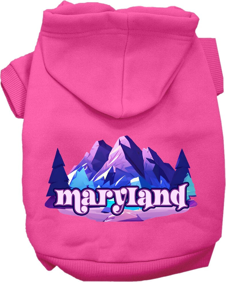 A cozy screen printed hoodie for small to medium pets featuring the Maryland Alpine Pawscape design, showcasing its soft fabric and durable stitching.