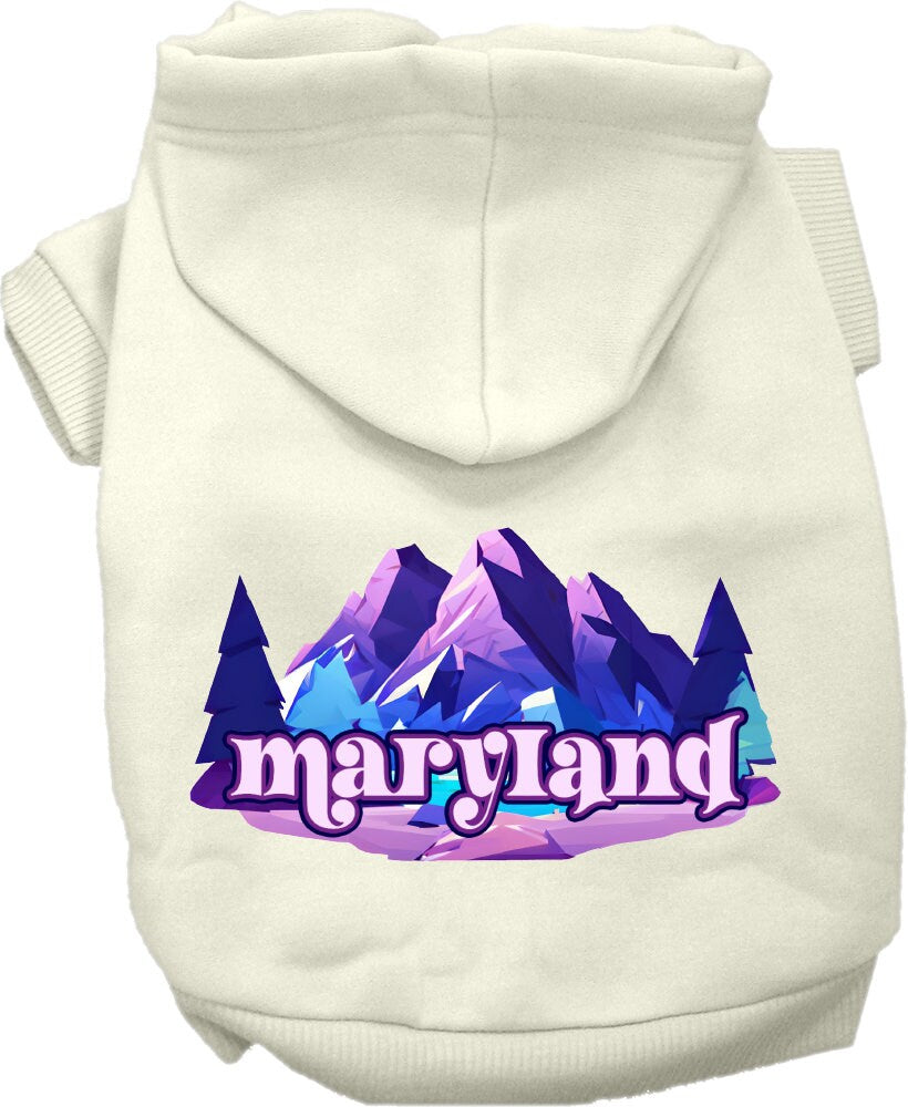 A cozy screen printed hoodie for small to medium pets featuring the Maryland Alpine Pawscape design, showcasing its soft fabric and durable stitching.