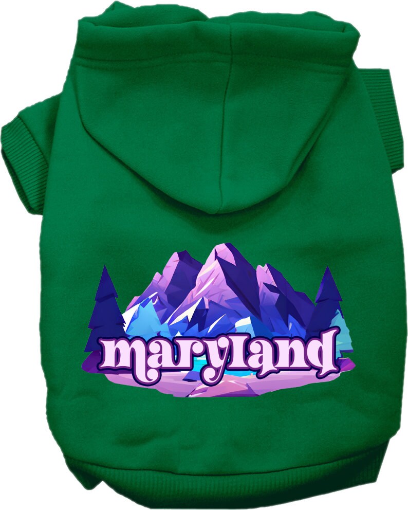 A cozy screen printed hoodie for small to medium pets featuring the Maryland Alpine Pawscape design, showcasing its soft fabric and durable stitching.