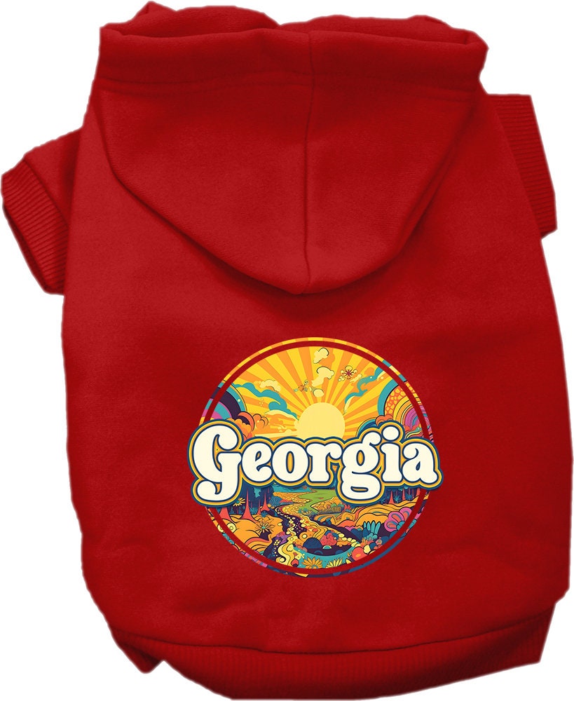 A cozy screen printed hoodie for small to medium pets, featuring a colorful 'Georgia Trippy Peaks' design, perfect for dogs and cats.