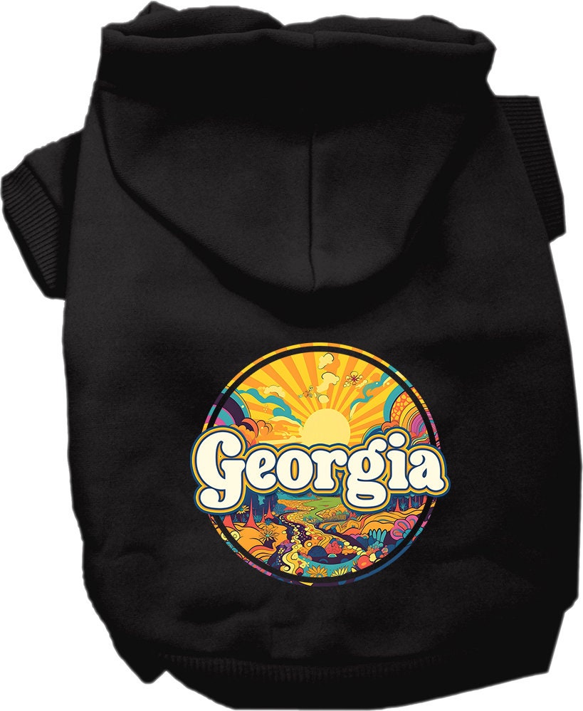 A cozy screen printed hoodie for small to medium pets, featuring a colorful 'Georgia Trippy Peaks' design, perfect for dogs and cats.