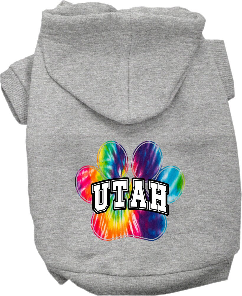 A small to medium pet wearing a colorful 'Utah Bright Tie Dye' hoodie, showcasing its soft fabric and convenient leash access hole.