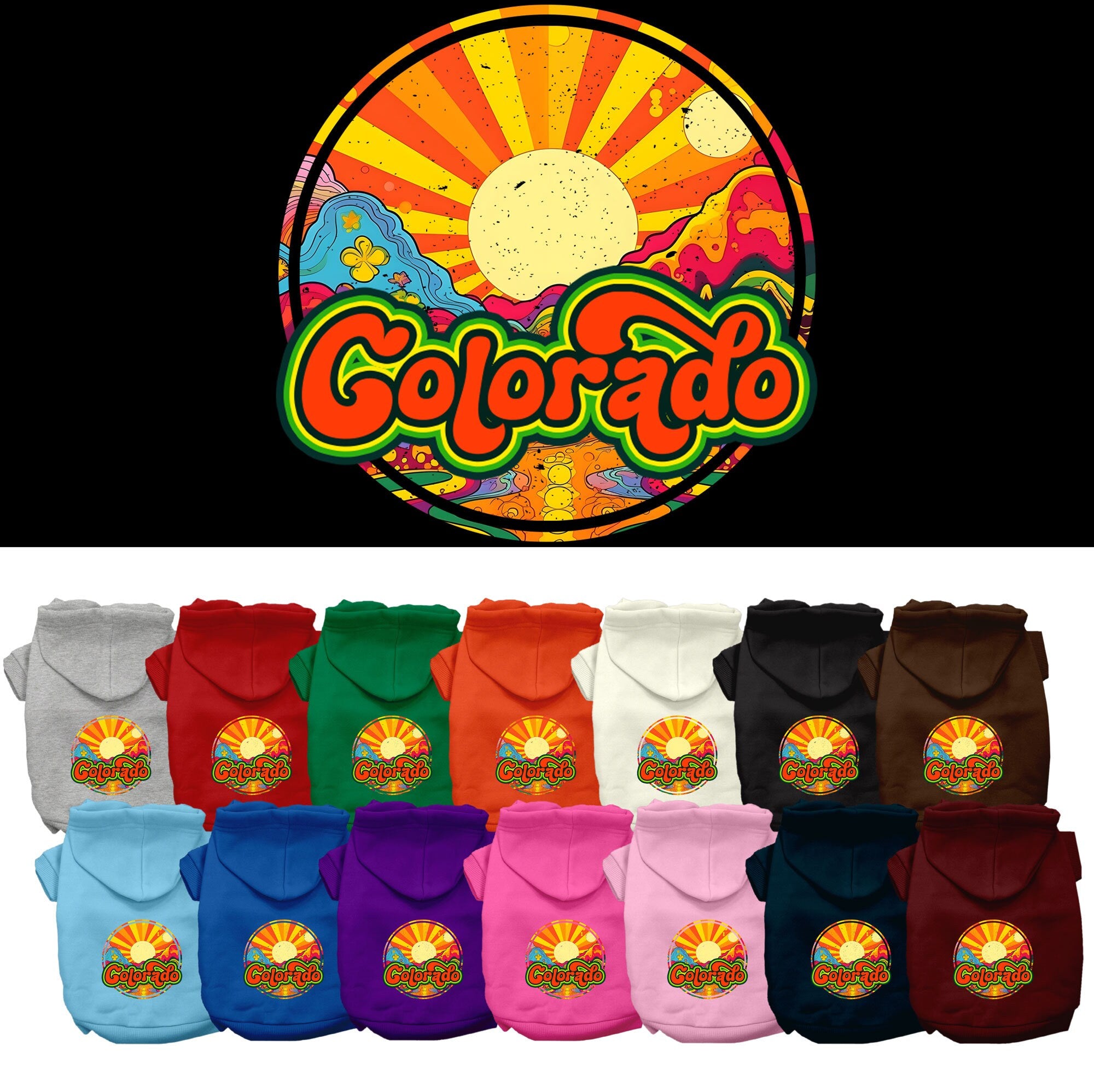 A cozy screen printed hoodie for small to medium pets, featuring a Colorado Mellow Mountain design, perfect for chilly weather.