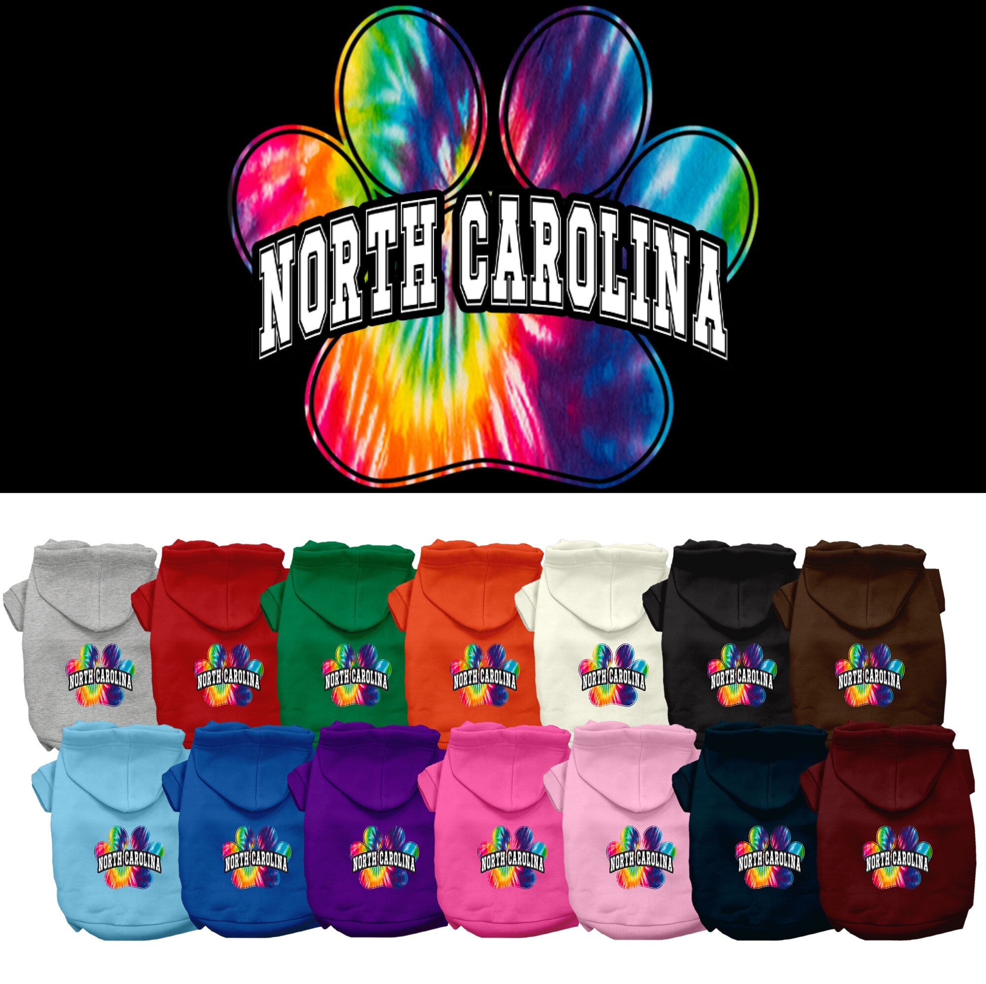A vibrant North Carolina Bright Tie Dye hoodie for small to medium pets, showcasing its soft fabric and convenient leash access hole.
