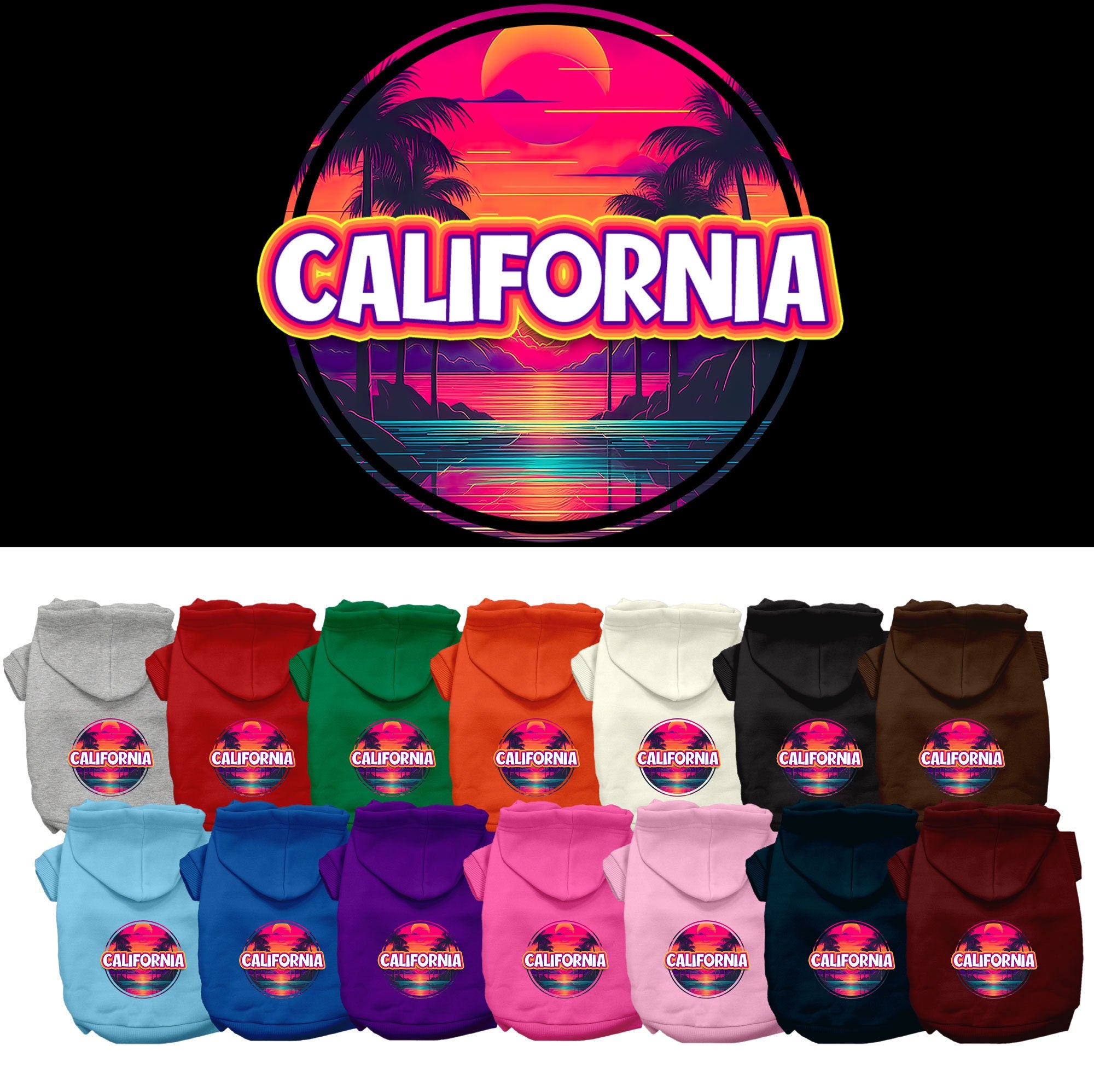 A small to medium pet wearing a vibrant California Neon Beach Sunset hoodie, showcasing its soft fabric and stylish design.