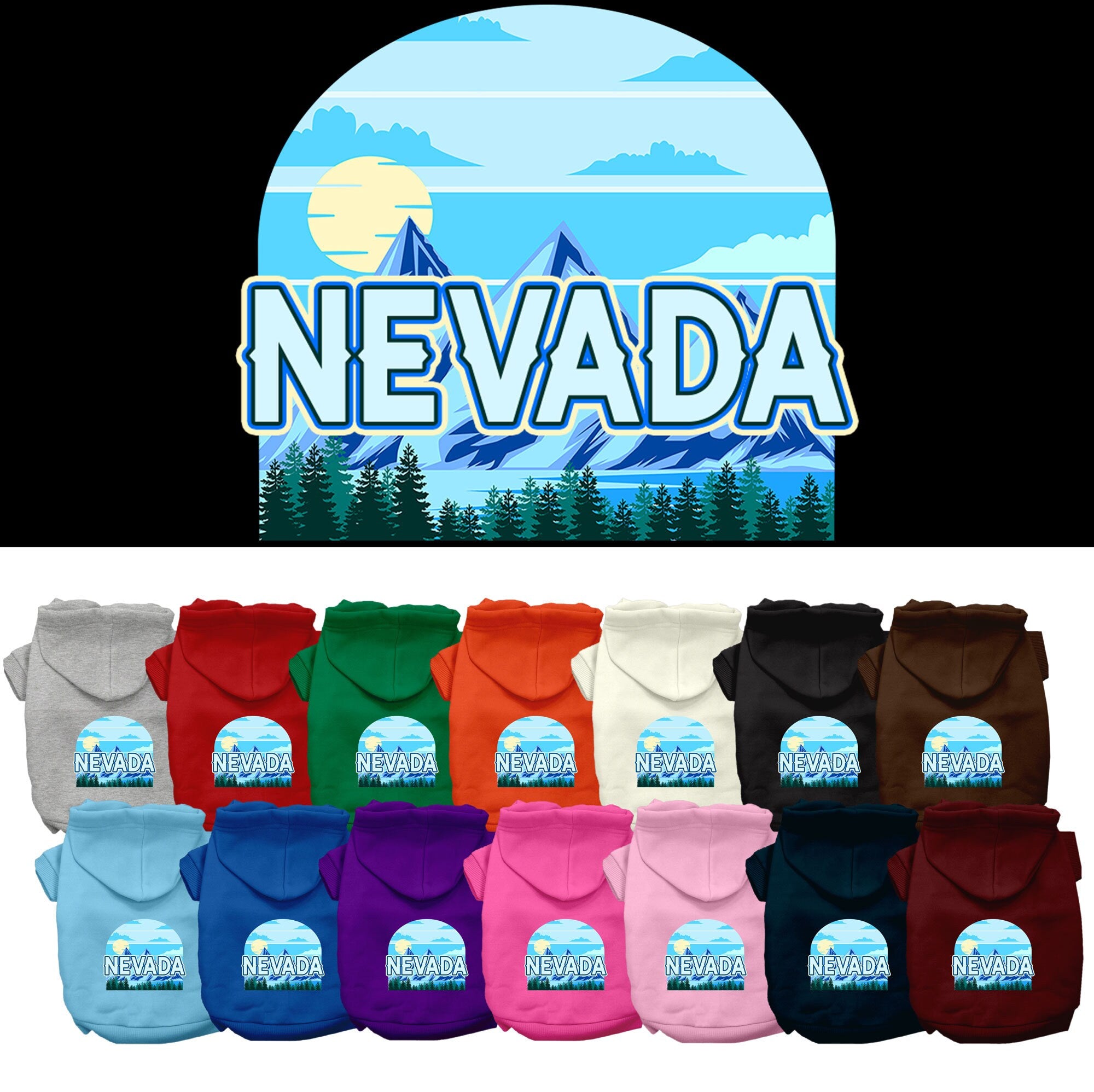 A small to medium pet wearing a stylish 'Nevada Trailblazer' hoodie, showcasing its soft fabric and convenient leash access hole.