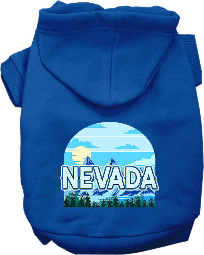 A small to medium pet wearing a stylish 'Nevada Trailblazer' hoodie, showcasing its soft fabric and convenient leash access hole.