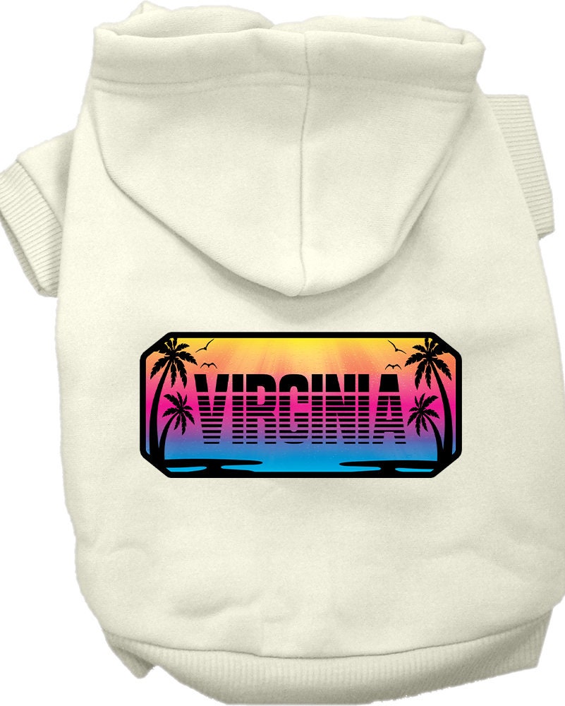 A cozy screen printed hoodie for small to medium pets, featuring a vibrant 'Virginia Beach Shades' design, perfect for dogs and cats.