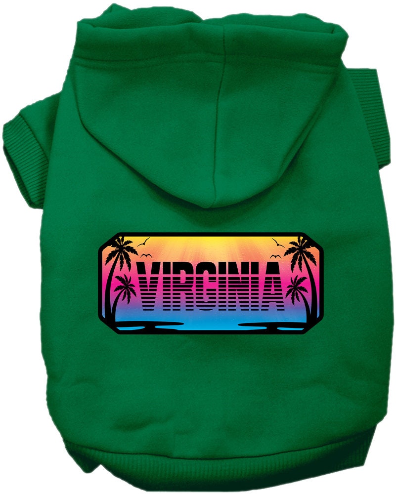 A cozy screen printed hoodie for small to medium pets, featuring a vibrant 'Virginia Beach Shades' design, perfect for dogs and cats.