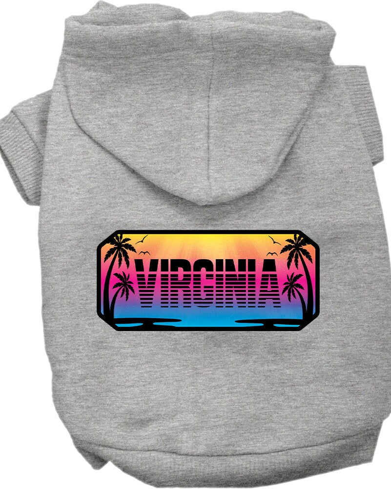 A cozy screen printed hoodie for small to medium pets, featuring a vibrant 'Virginia Beach Shades' design, perfect for dogs and cats.