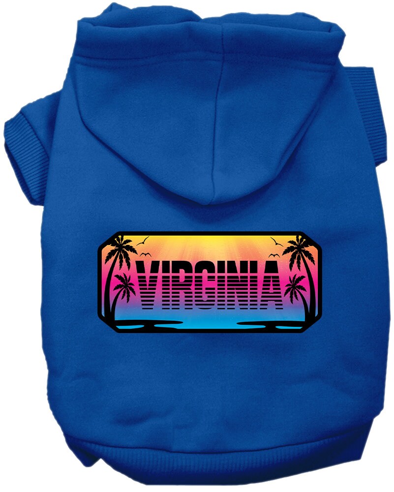 A cozy screen printed hoodie for small to medium pets, featuring a vibrant 'Virginia Beach Shades' design, perfect for dogs and cats.