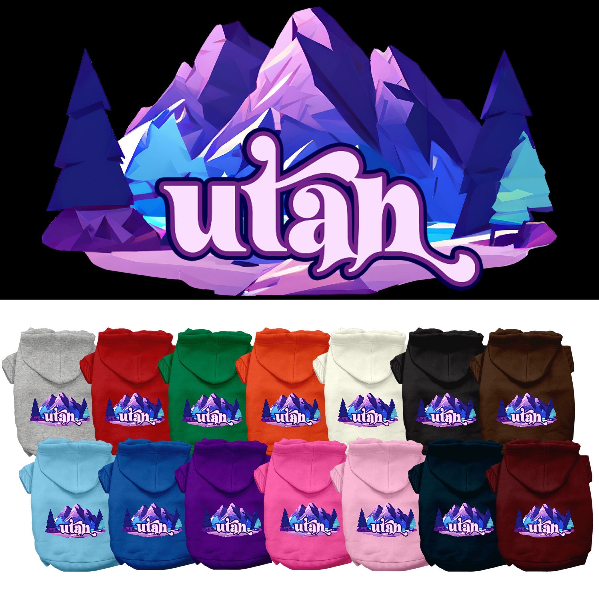 A small to medium pet wearing a cozy screen printed hoodie with a unique 'Utah Alpine Pawscape' design, showcasing its soft fabric and convenient leash access.