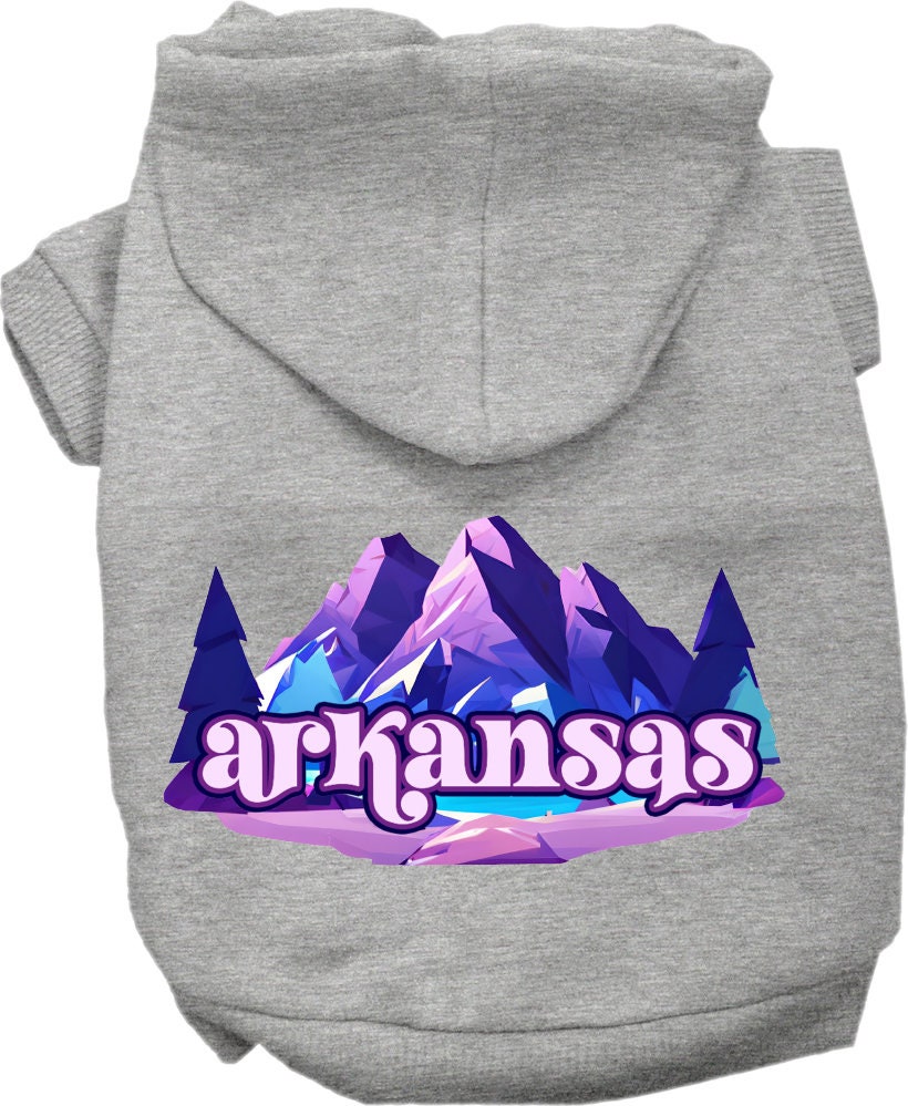 A small to medium pet wearing a cozy Arkansas Alpine Pawscape hoodie, showcasing its soft fabric and stylish design.