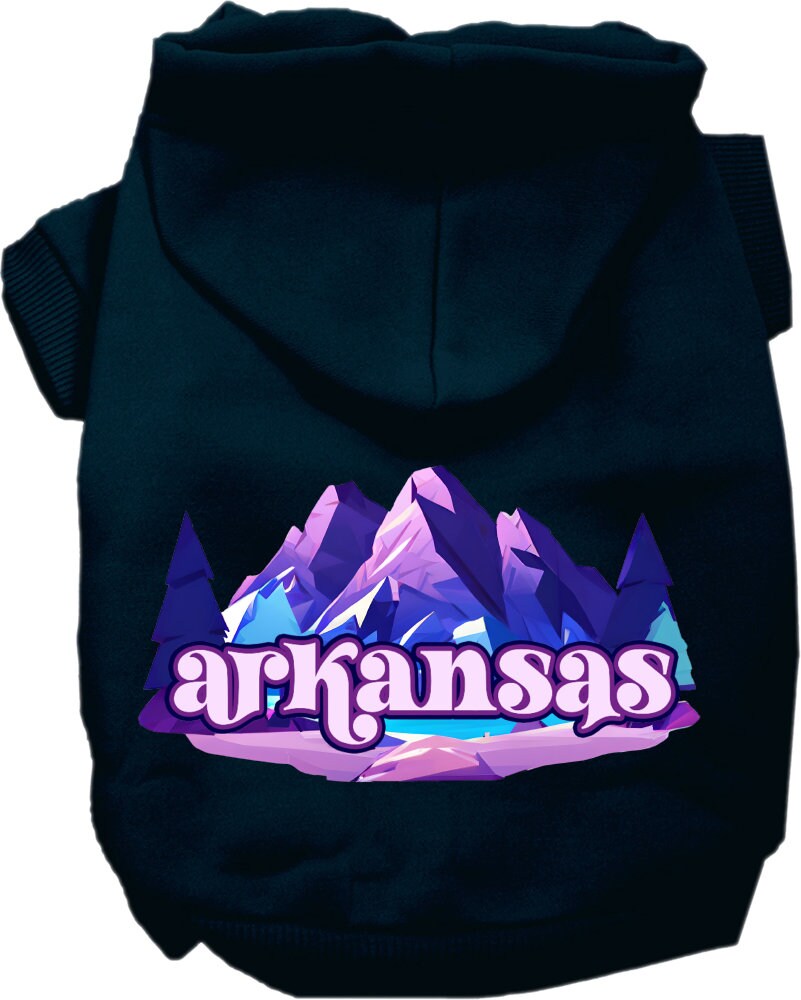 A small to medium pet wearing a cozy Arkansas Alpine Pawscape hoodie, showcasing its soft fabric and stylish design.