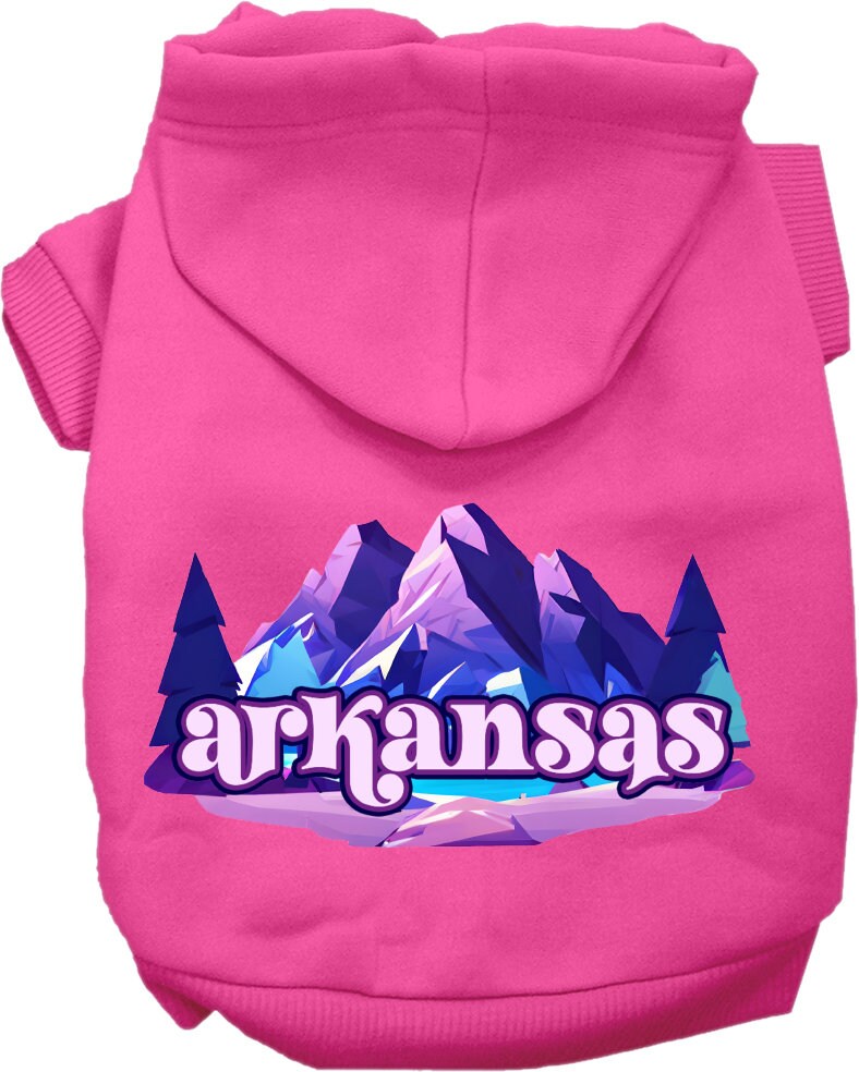 A small to medium pet wearing a cozy Arkansas Alpine Pawscape hoodie, showcasing its soft fabric and stylish design.