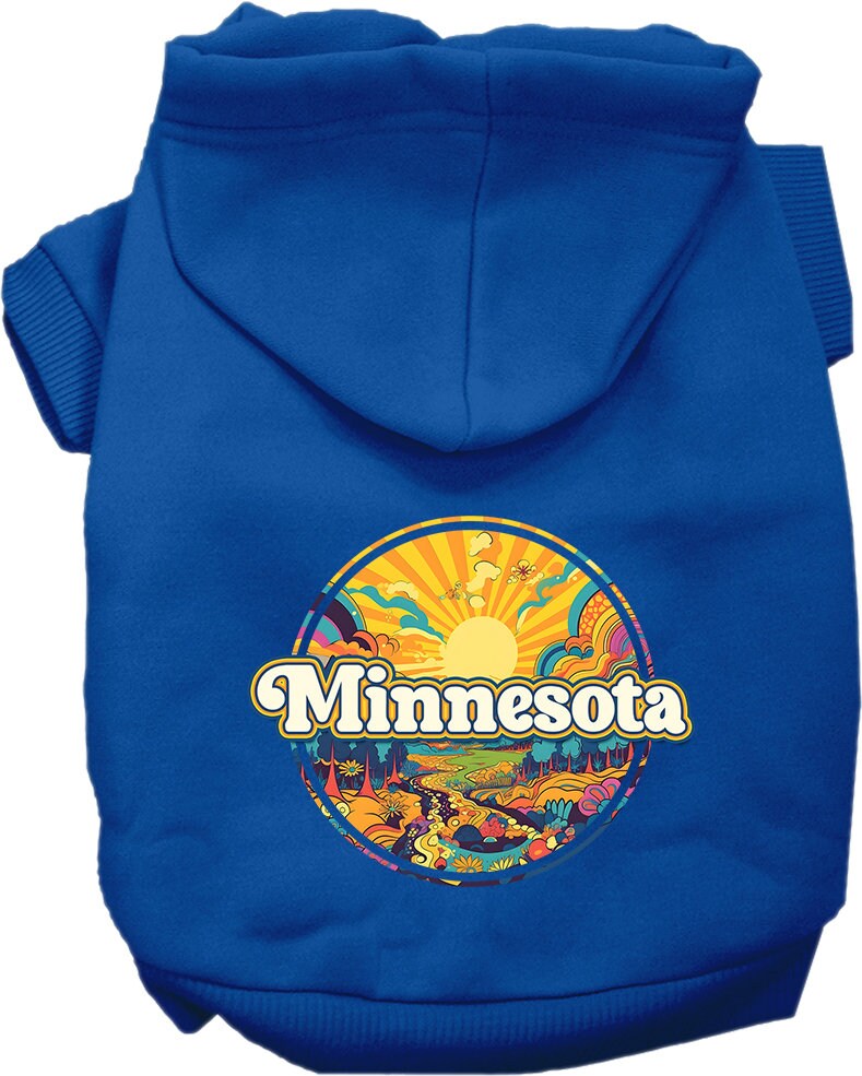 A cozy screen printed hoodie for small to medium pets, featuring a stylish Minnesota Groovy Summit design, perfect for dogs and cats.