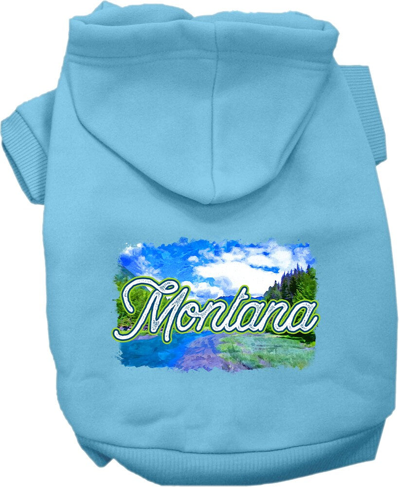 A cozy screen printed hoodie for small to medium pets, featuring a stylish 'Montana Summer' design, perfect for dogs and cats.