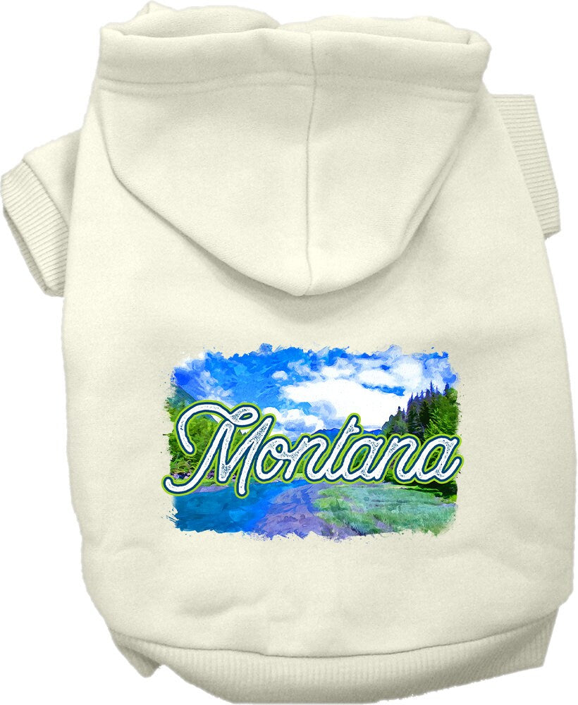 A cozy screen printed hoodie for small to medium pets, featuring a stylish 'Montana Summer' design, perfect for dogs and cats.