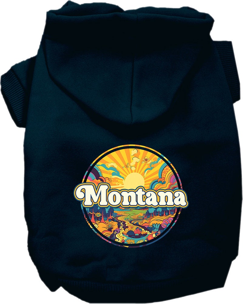 A cozy screen printed hoodie for small to medium pets, featuring the 'Montana Groovy Summit' design, perfect for stylish walks.