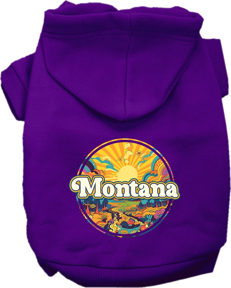 A cozy screen printed hoodie for small to medium pets, featuring the 'Montana Groovy Summit' design, perfect for stylish walks.