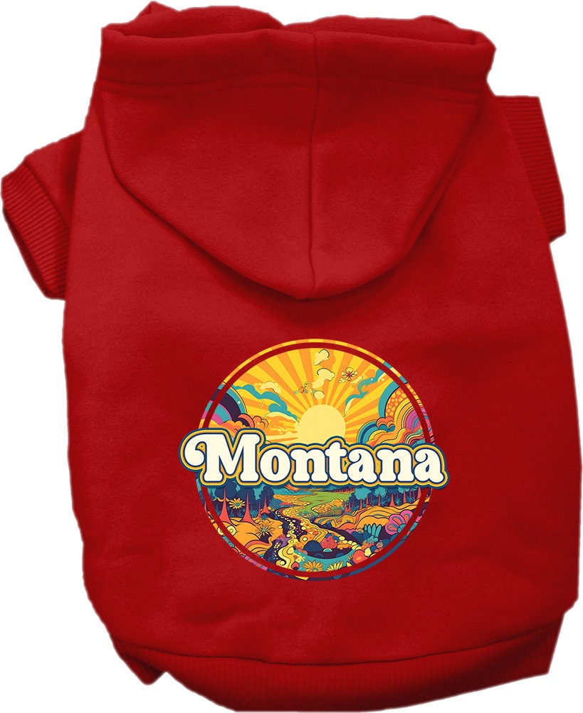 A cozy screen printed hoodie for small to medium pets, featuring the 'Montana Groovy Summit' design, perfect for stylish walks.