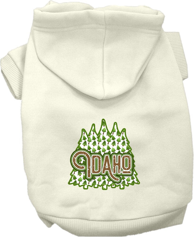 A cozy screen printed hoodie for small to medium pets featuring Idaho Woodland Trees design, perfect for dogs and cats.