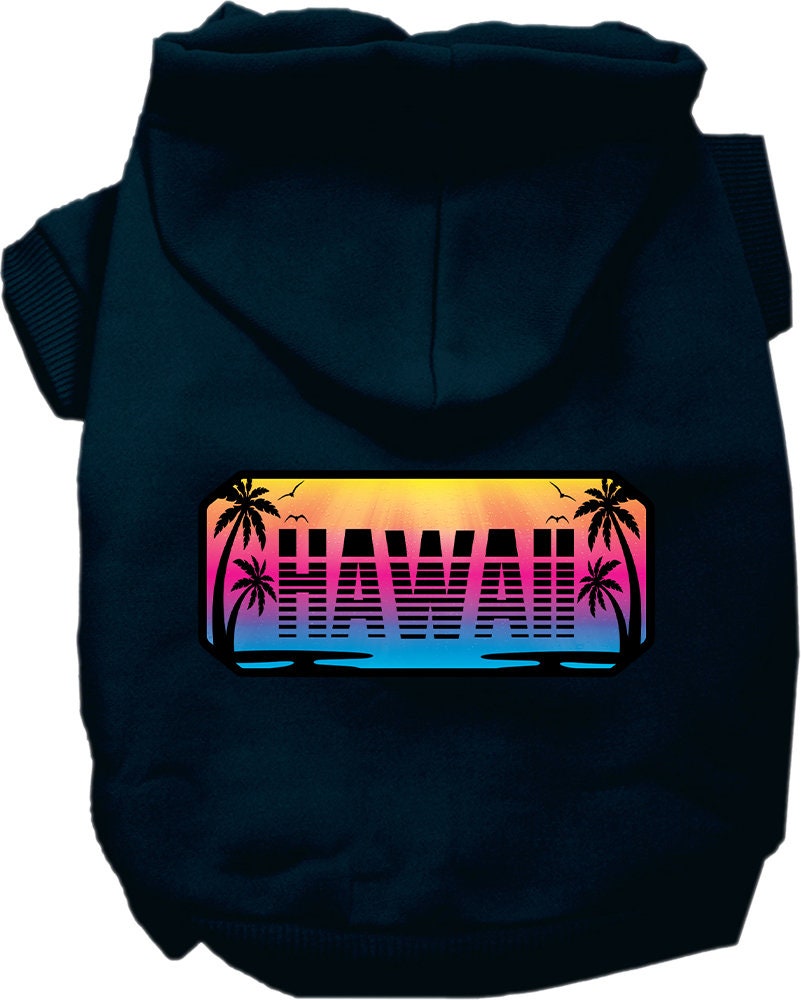 A small to medium pet wearing a soft, warm hoodie with a Hawaii Beach Shades design, showcasing vibrant colors and a comfortable fit.