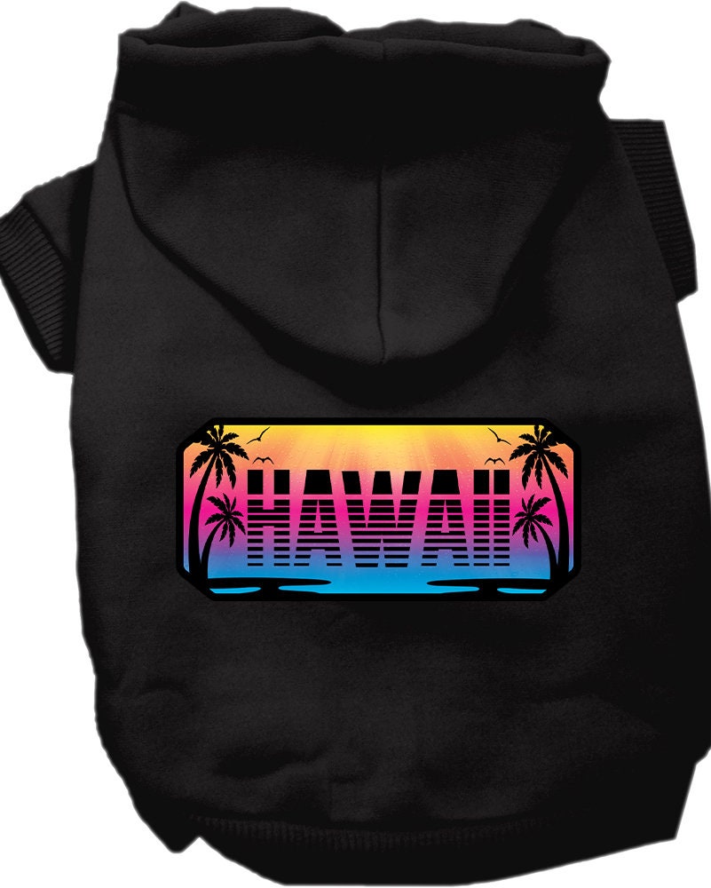 A small to medium pet wearing a soft, warm hoodie with a Hawaii Beach Shades design, showcasing vibrant colors and a comfortable fit.