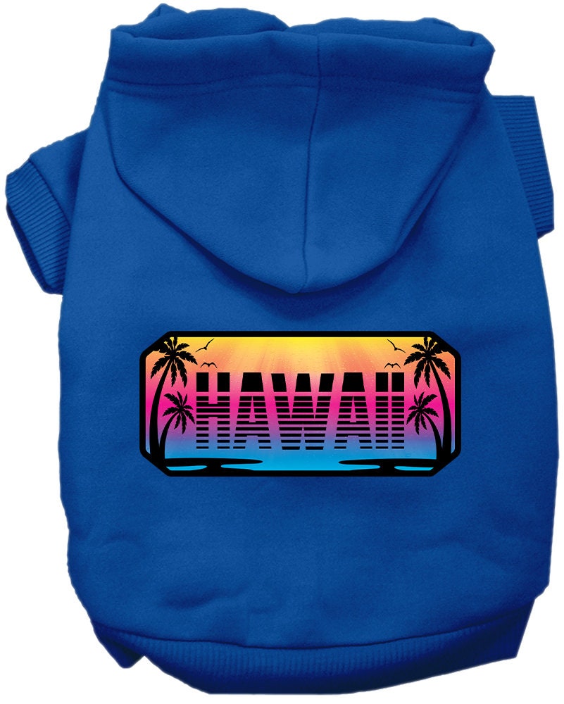 A small to medium pet wearing a soft, warm hoodie with a Hawaii Beach Shades design, showcasing vibrant colors and a comfortable fit.