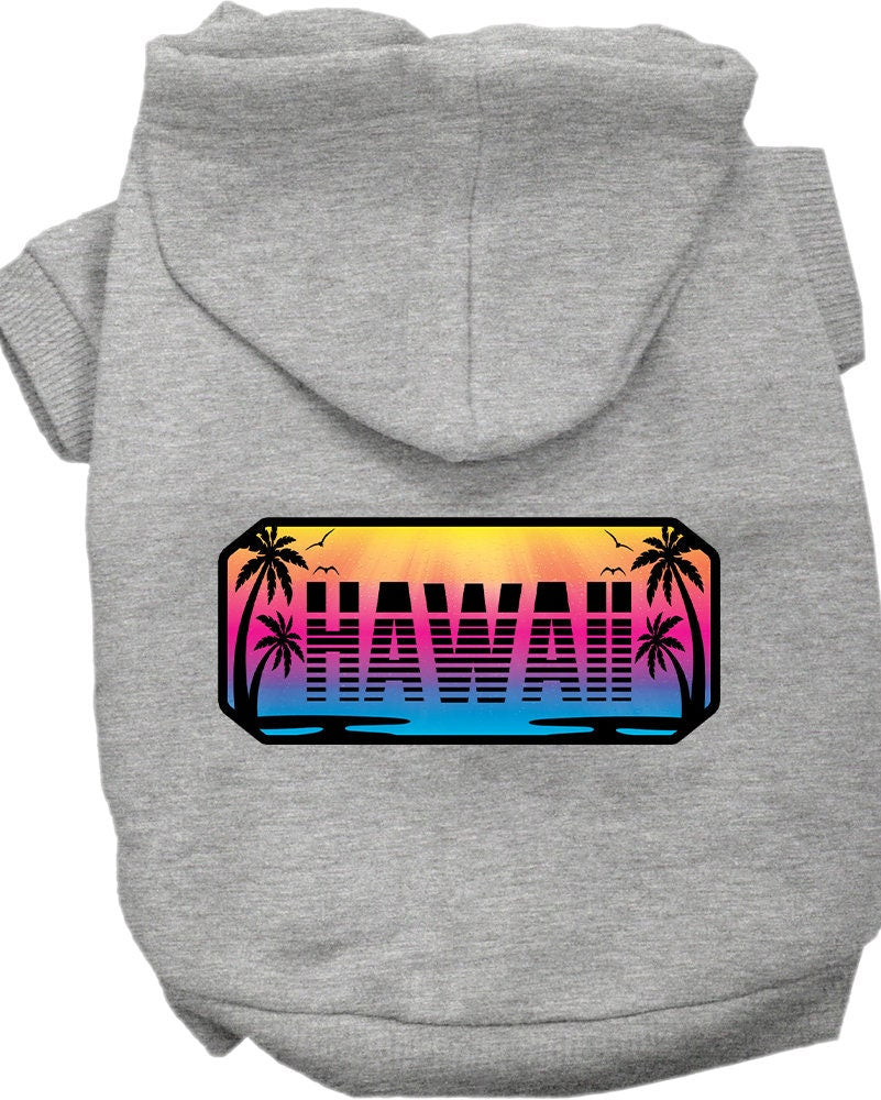 A small to medium pet wearing a soft, warm hoodie with a Hawaii Beach Shades design, showcasing vibrant colors and a comfortable fit.