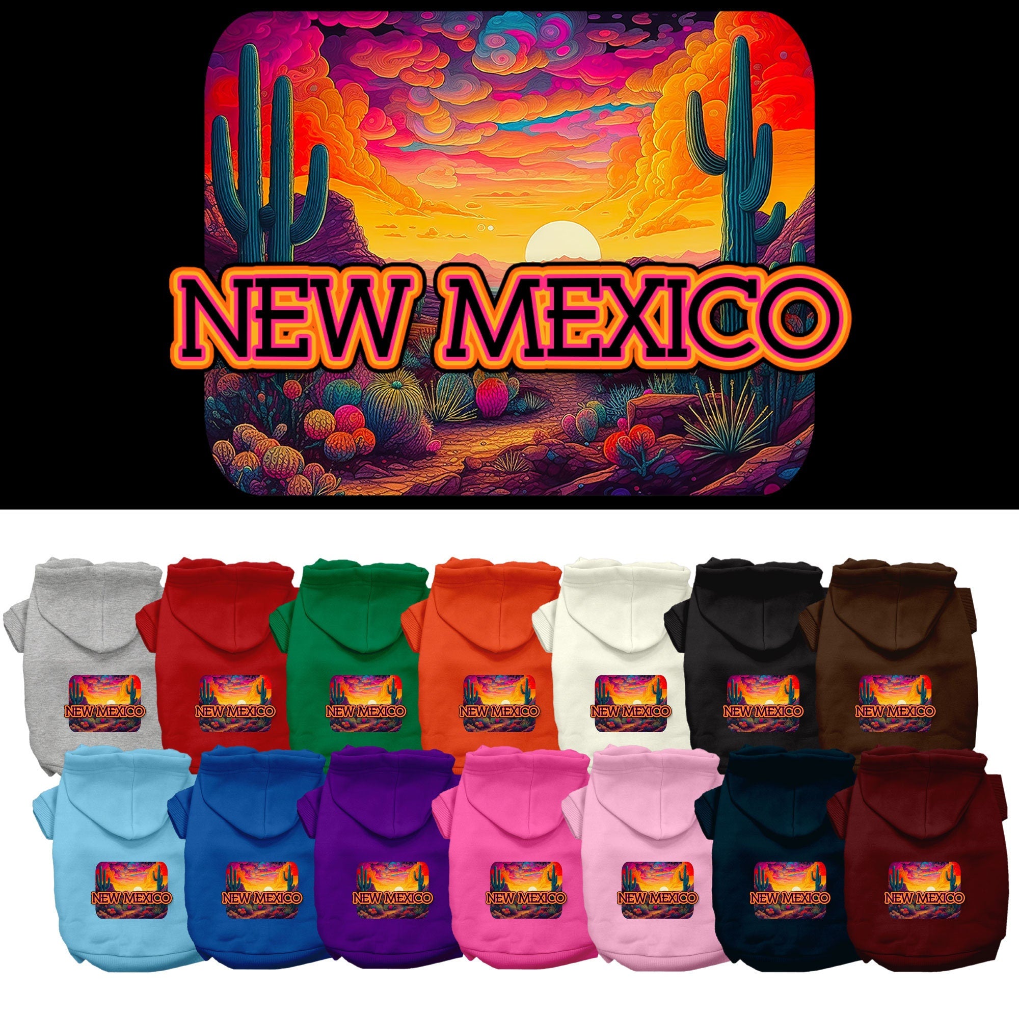 A small to medium pet wearing a vibrant New Mexico Neon Desert printed hoodie, showcasing its soft fabric and convenient leash access hole.