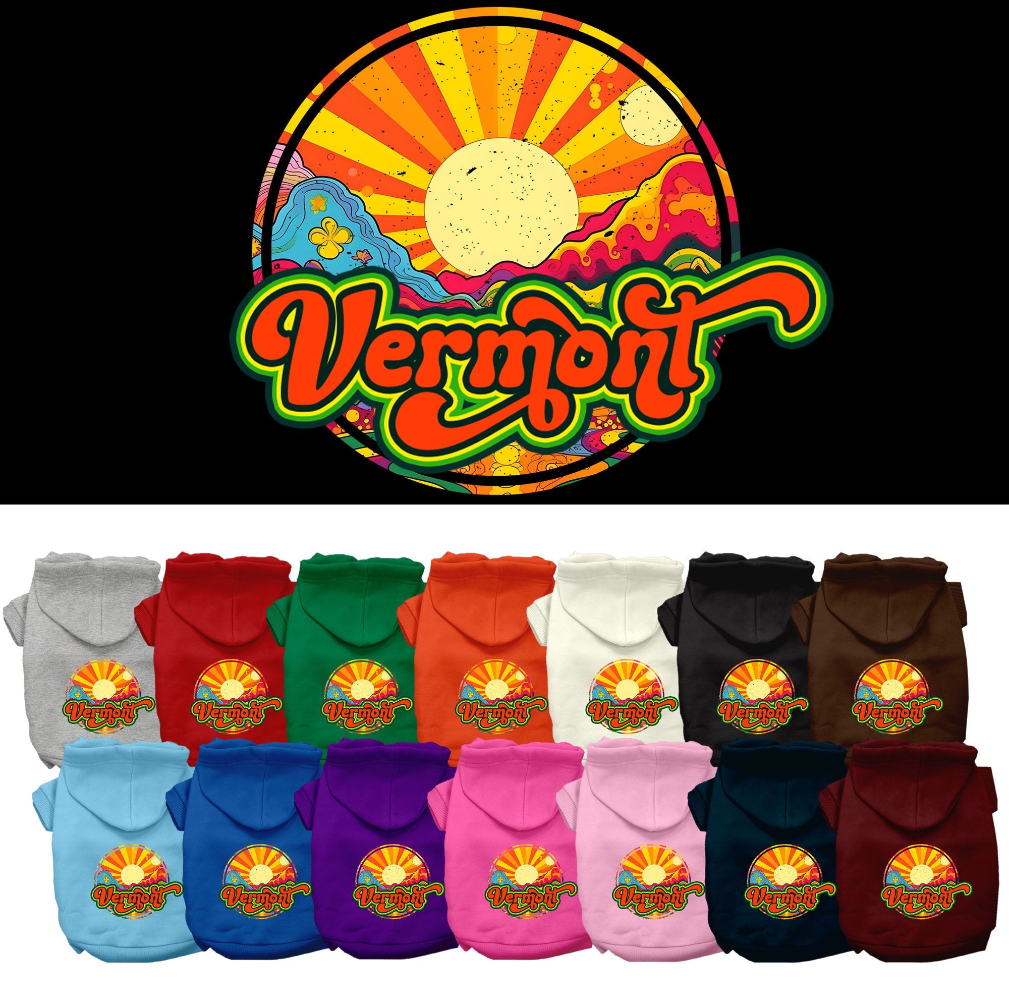 A cozy screen printed hoodie for small to medium pets, featuring a Vermont Mellow Mountain design, perfect for dogs and cats.