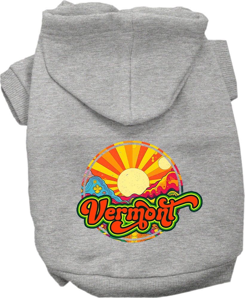 A cozy screen printed hoodie for small to medium pets, featuring a Vermont Mellow Mountain design, perfect for dogs and cats.