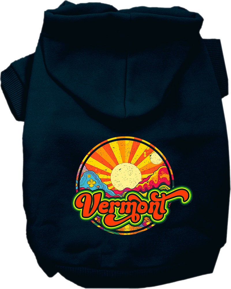 A cozy screen printed hoodie for small to medium pets, featuring a Vermont Mellow Mountain design, perfect for dogs and cats.