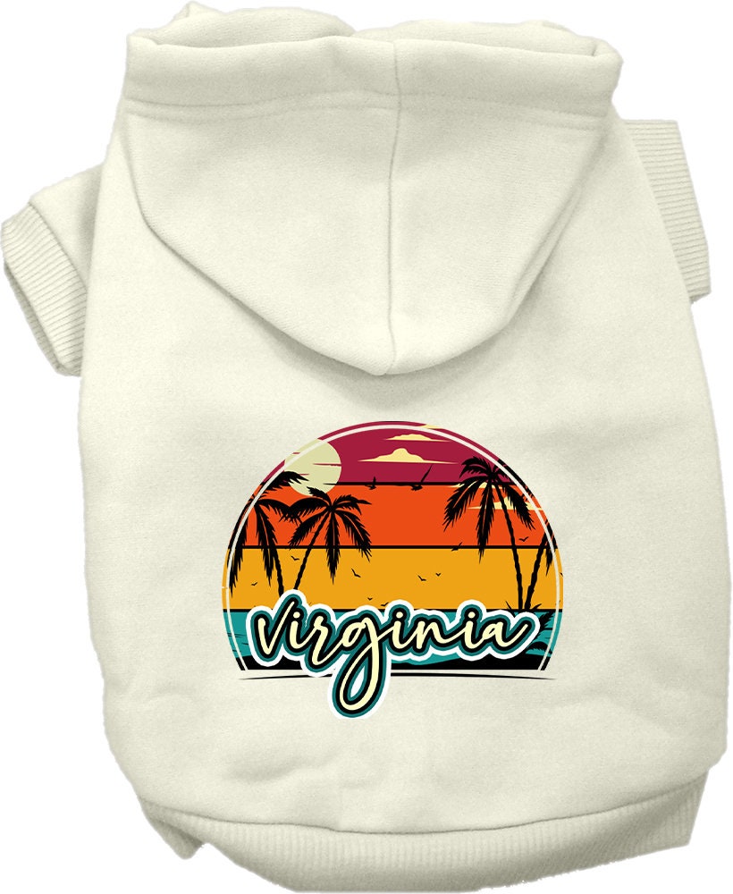 A cozy pet hoodie for small to medium dogs and cats, featuring a vibrant Virginia Retro Beach Sunset design, perfect for chilly weather.