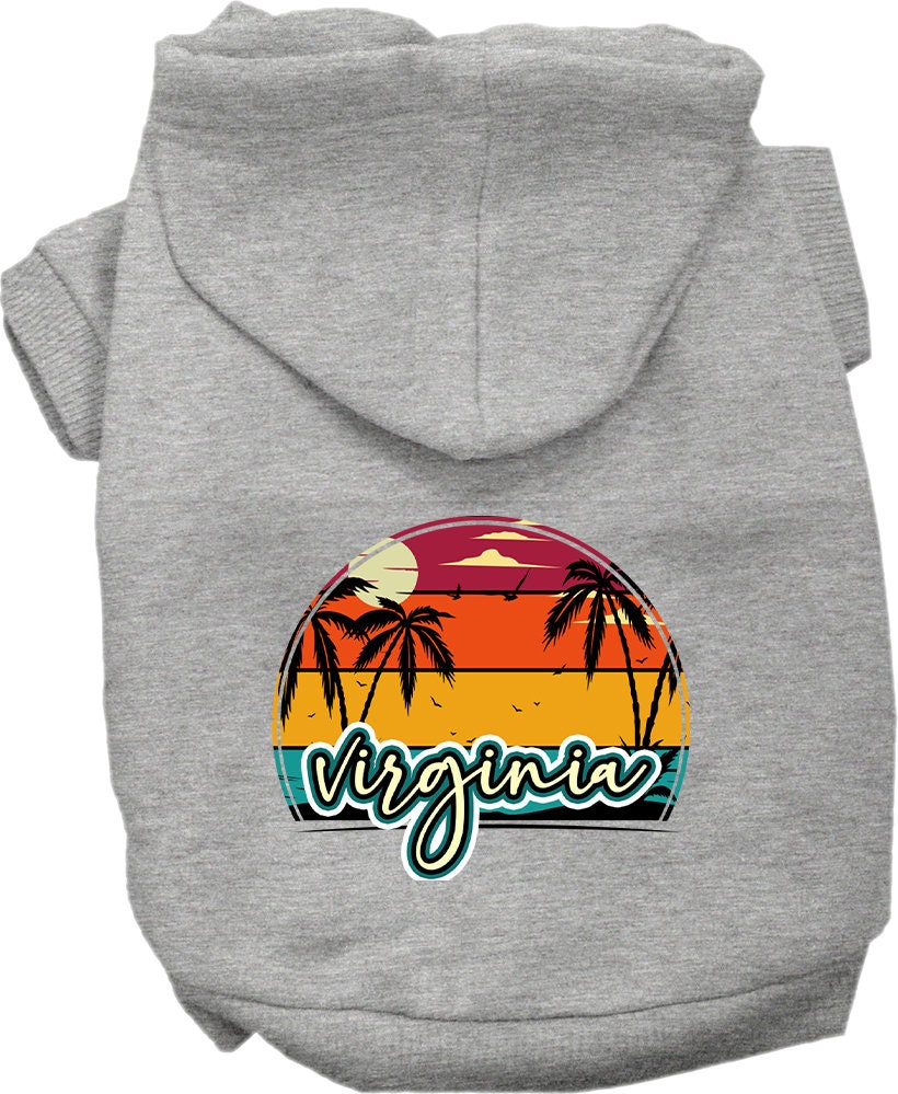 A cozy pet hoodie for small to medium dogs and cats, featuring a vibrant Virginia Retro Beach Sunset design, perfect for chilly weather.