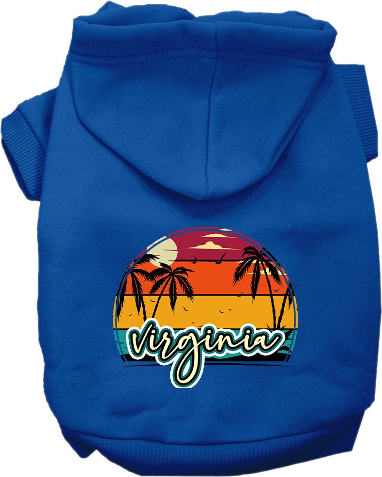A cozy pet hoodie for small to medium dogs and cats, featuring a vibrant Virginia Retro Beach Sunset design, perfect for chilly weather.
