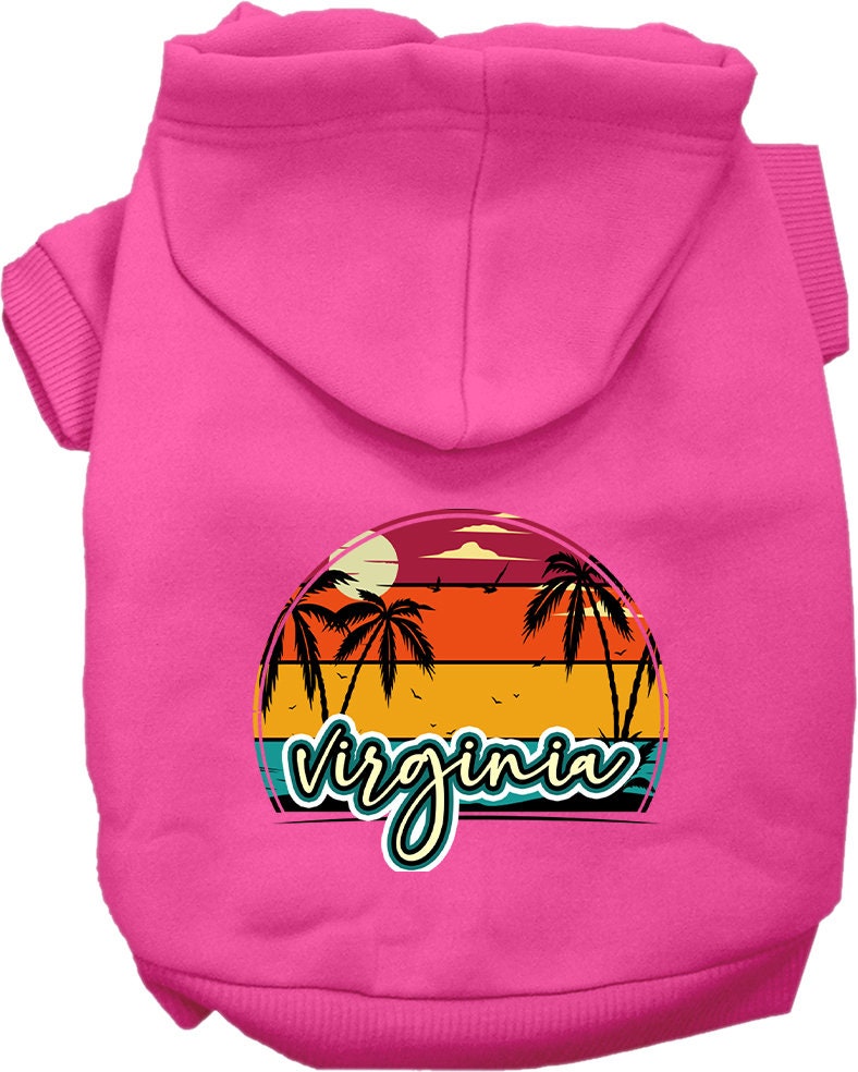 A cozy pet hoodie for small to medium dogs and cats, featuring a vibrant Virginia Retro Beach Sunset design, perfect for chilly weather.