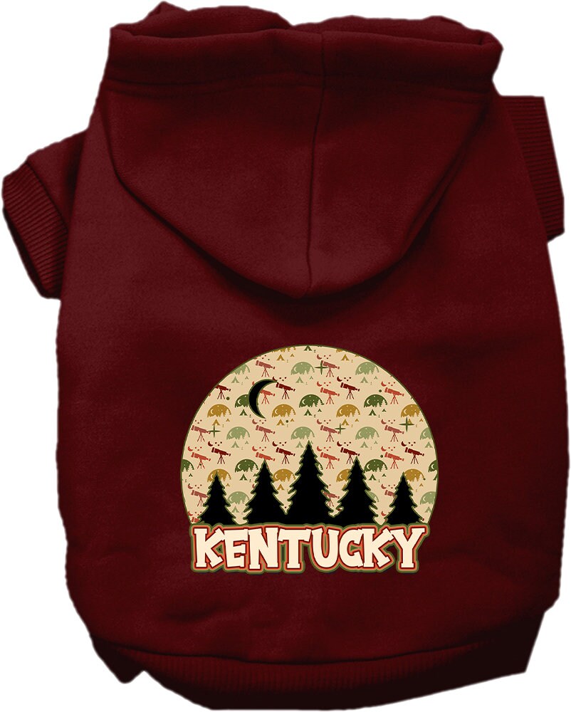 A cozy screen printed hoodie for small to medium pets, featuring a 'Kentucky Under The Stars' design, showcasing its soft fabric and leash access hole.