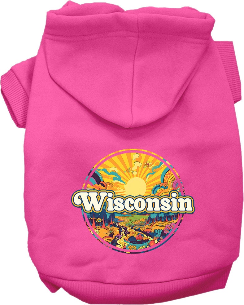 A small to medium pet wearing a cozy screen printed hoodie with a 'Wisconsin Trippy Peaks' design, showcasing its soft fabric and convenient leash access.