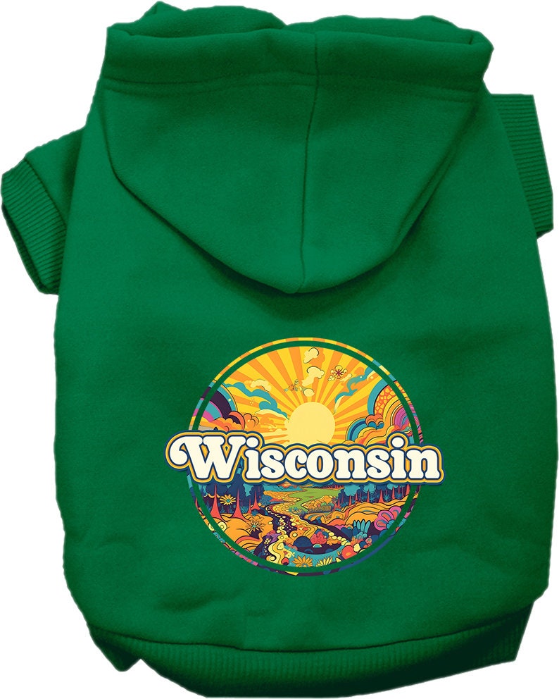 A small to medium pet wearing a cozy screen printed hoodie with a 'Wisconsin Trippy Peaks' design, showcasing its soft fabric and convenient leash access.