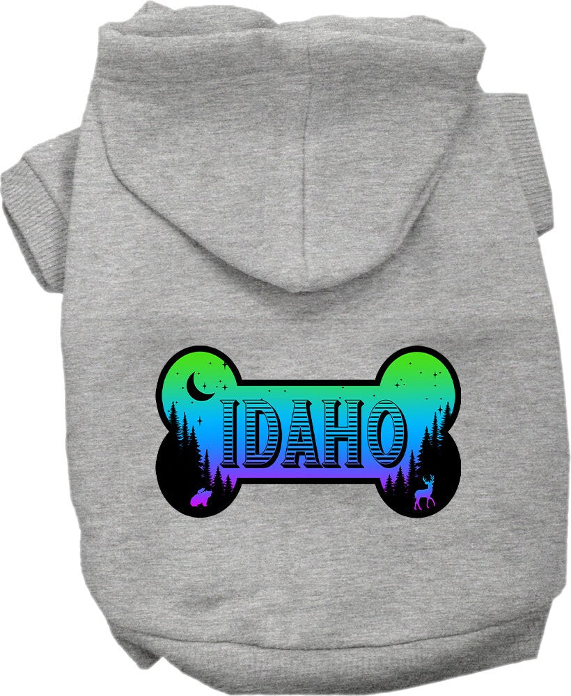 A cozy screen printed hoodie for small to medium pets, featuring the Idaho Mountain Shades design, perfect for dogs and cats.