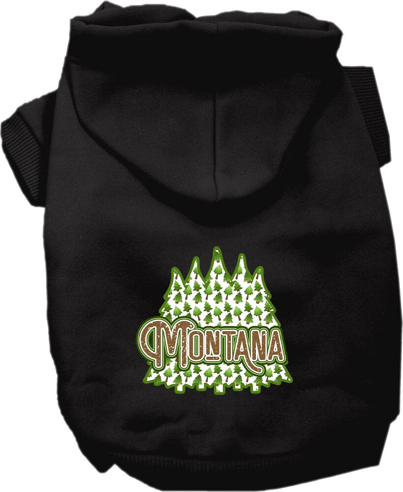 A cozy screen printed hoodie for small to medium pets featuring a Montana Woodland Trees design, perfect for dogs and cats.
