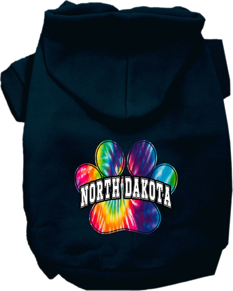 A small to medium pet wearing a vibrant North Dakota Bright Tie Dye hoodie, showcasing its soft fabric and convenient leash access hole.