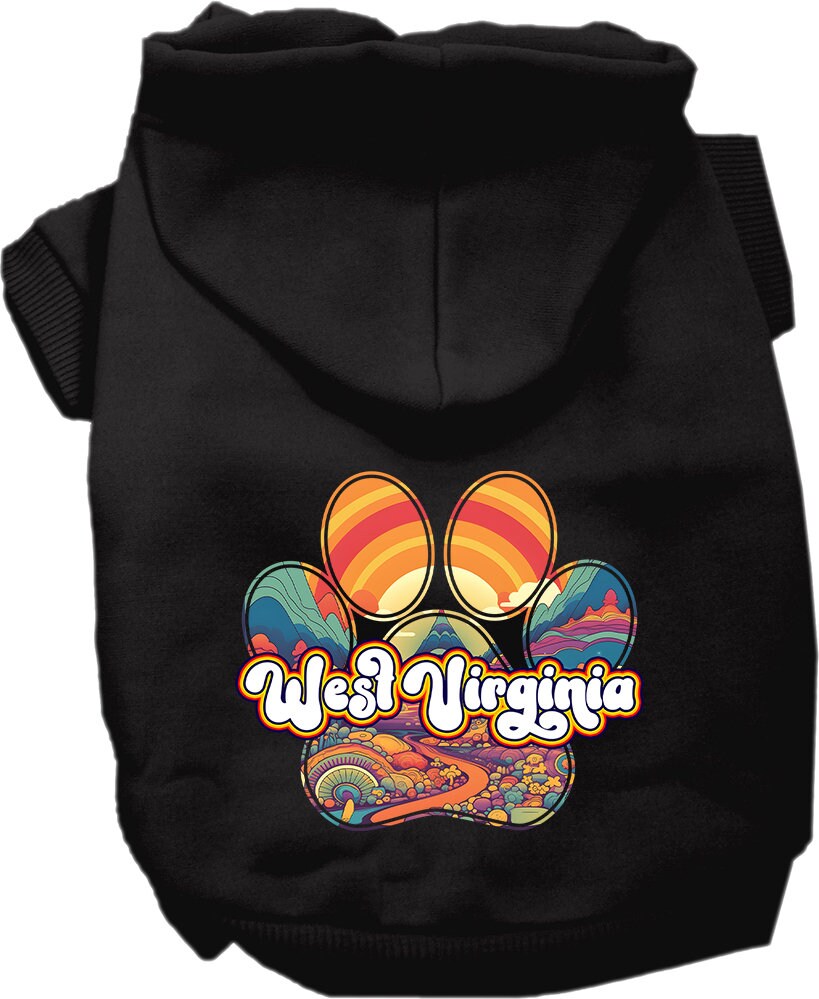 A cozy pet hoodie for small to medium dogs and cats, featuring a colorful 'West Virginia Groovy Summit' print, designed for comfort and durability.